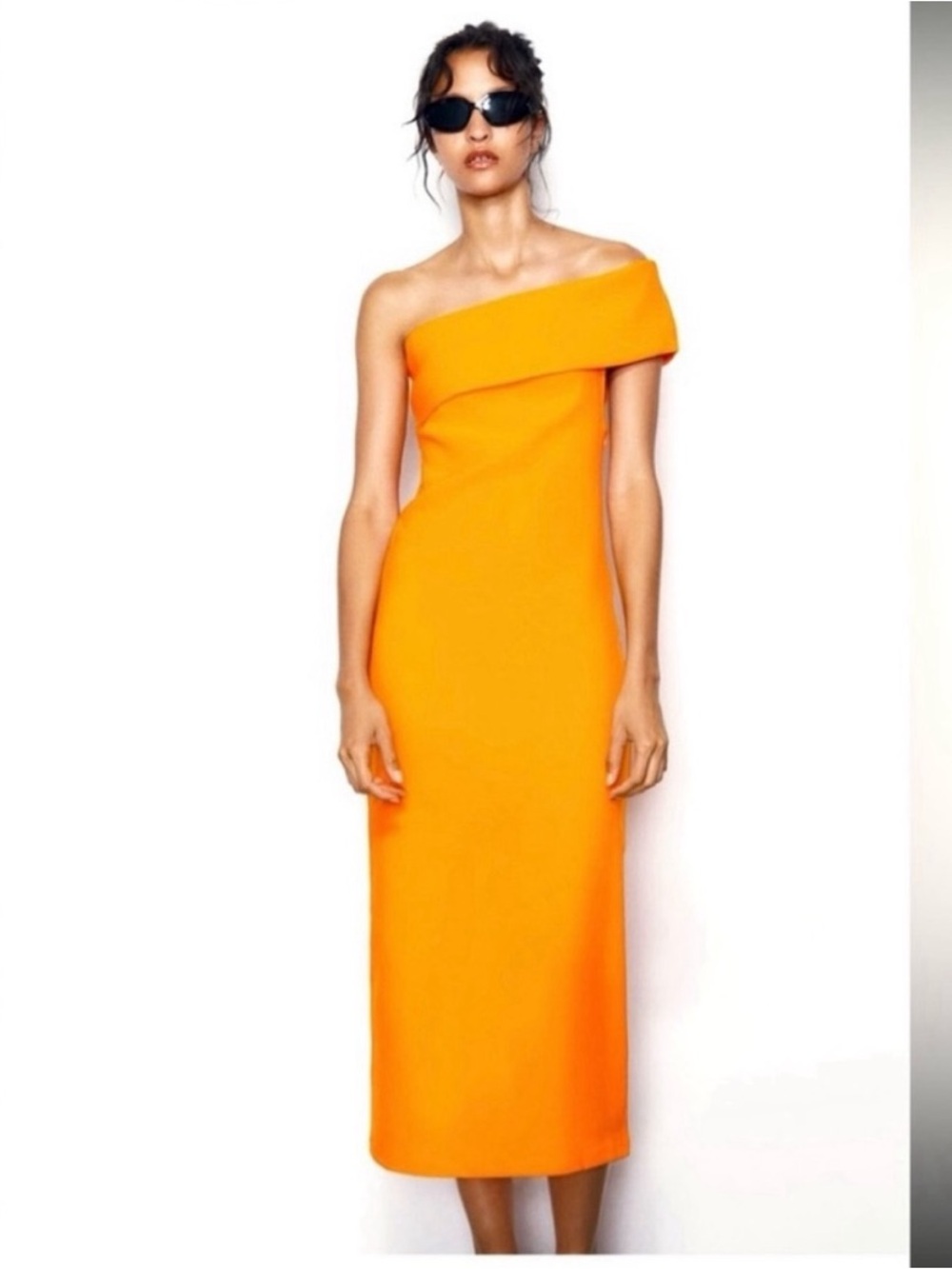 Zara One-Shoulder Bright Orange Midi Dress